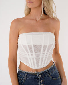 white corset top, mesh corset top, womens crop top, womens bustier top, house of cb, womens clothing, prettylittlething, princesspolly, revolve, womens fashion, womens tops