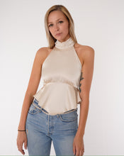 Load image into Gallery viewer, Champagne Satin Halter Peplum Top
