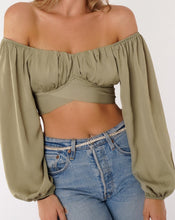 Load image into Gallery viewer, olive green top, sage green satin top, puff sleeve top, satin crop top, balloon sleeve top, womens crop tops, white long sleeve top, womens off shoulder tops, princess polly
