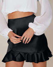 Load image into Gallery viewer, Bliss Satin Ruffle Skirt in Black
