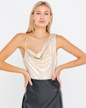 Load image into Gallery viewer, one shoulder tops, cowl neck tops, lucy in the sky, champagne tops, revolve tops, fall fashion trends, fall tops, fall 2021 trends, shimmer tops, cowlneck bodysuit, satin tops, cowl neck tops, fashion nova tops, saffire clothing
