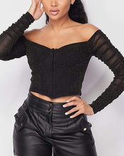 Load image into Gallery viewer, mesh tops, black corset tops, off shoulder tops, shimmer mesh top, revolve tops, fall fashion trends, fall tops, fall 2021 trends, corset tops, mesh tops, fashion nova tops
