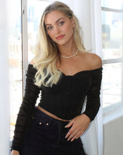 Load image into Gallery viewer, mesh tops, black corset tops, off shoulder tops, shimmer mesh top, revolve tops, fall fashion trends, fall tops, fall 2021 trends, corset tops, mesh tops, fashion nova tops, saffire clothing
