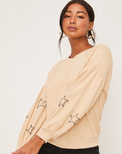 Shoot for the Stars Embroidered Sweater in Taupe